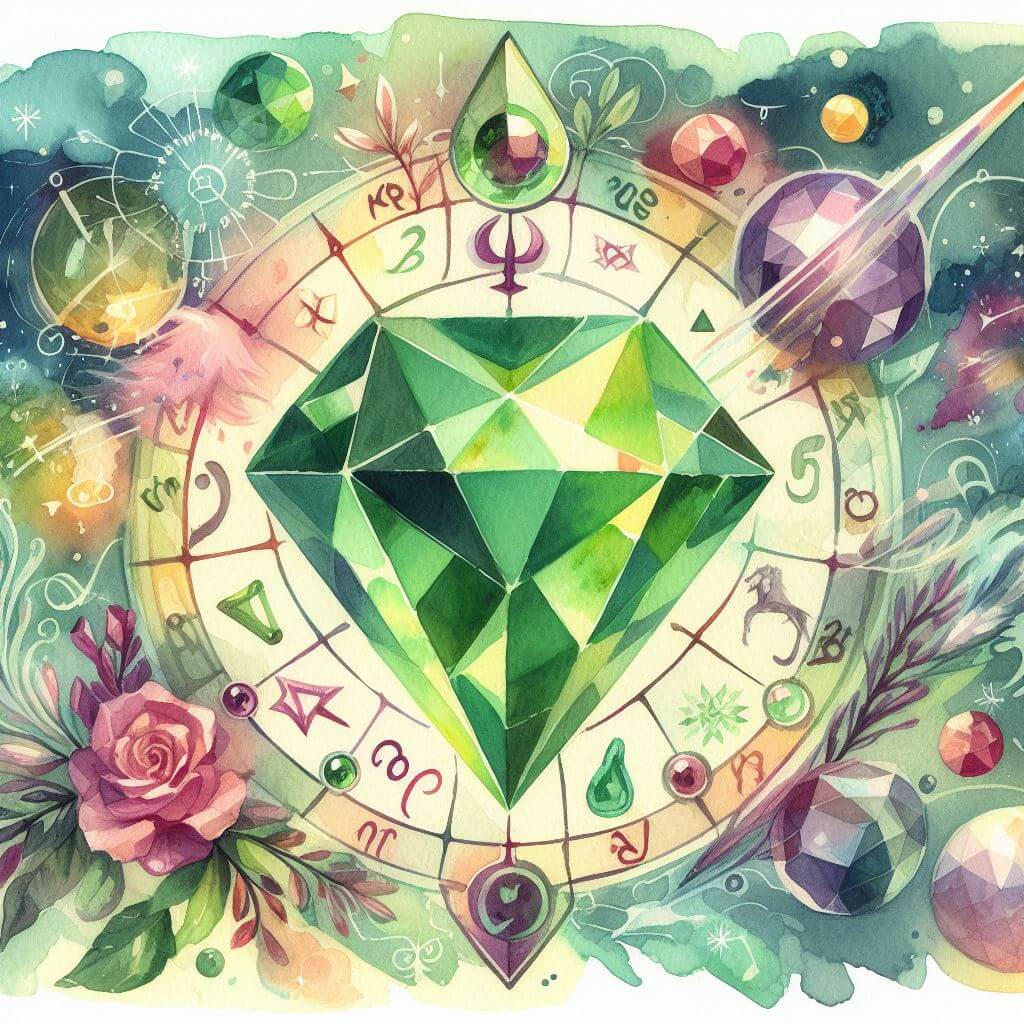 Busy watercolor painting of a peridot sitting in the center of a zodiac circle, surrounded by planets, gems, and flowers.