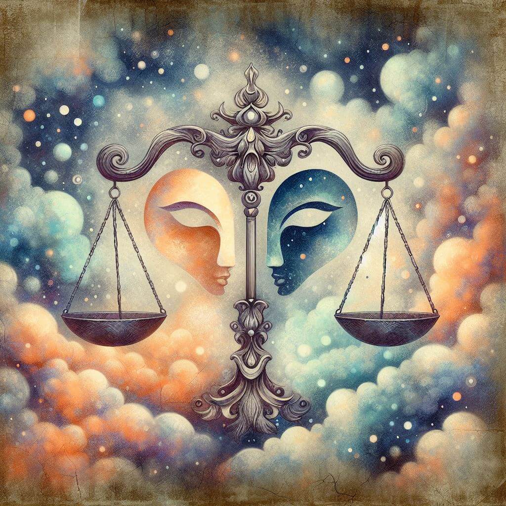 Libra, the scales, surrounded by clouds. Each side of the scale has a mask looking across to the other side.