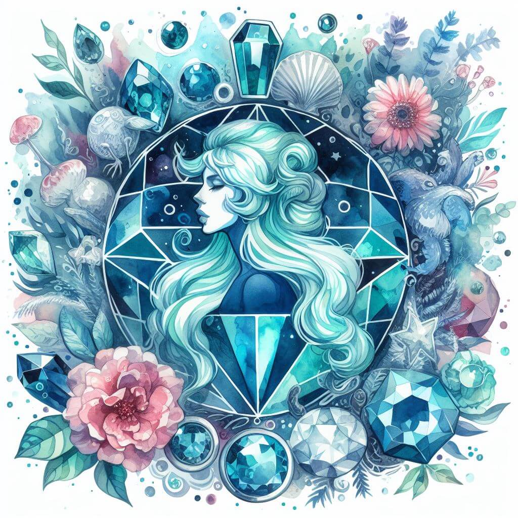 Busy watercolor painting of an aquamarine gem, with a woman in profile inside it, surrounded by gems and flowers. 