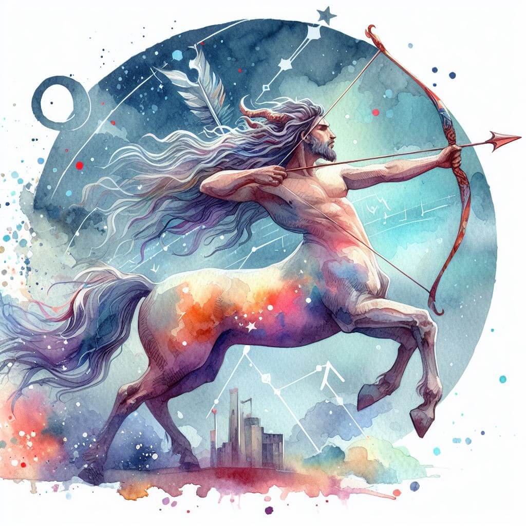 Colorful watercolor painting of Sagittarius, the Centaur archer, with a castle in the distant background.