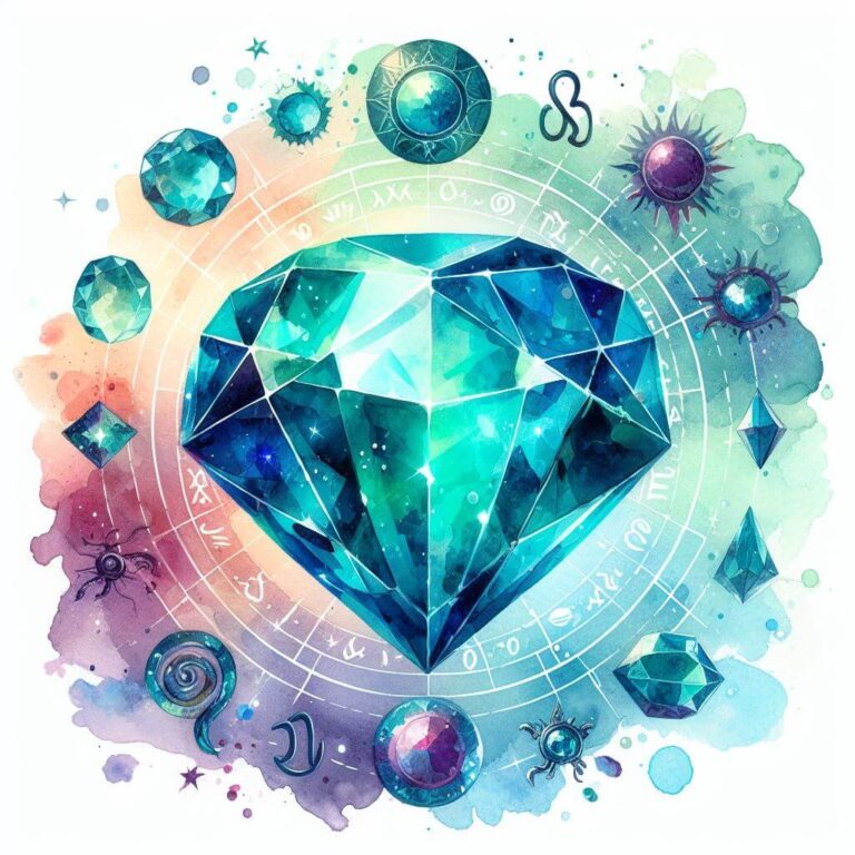 Watercolor painting of a turquoise gem in the center of smaller gems, with a zodiac wheel-inspired background.