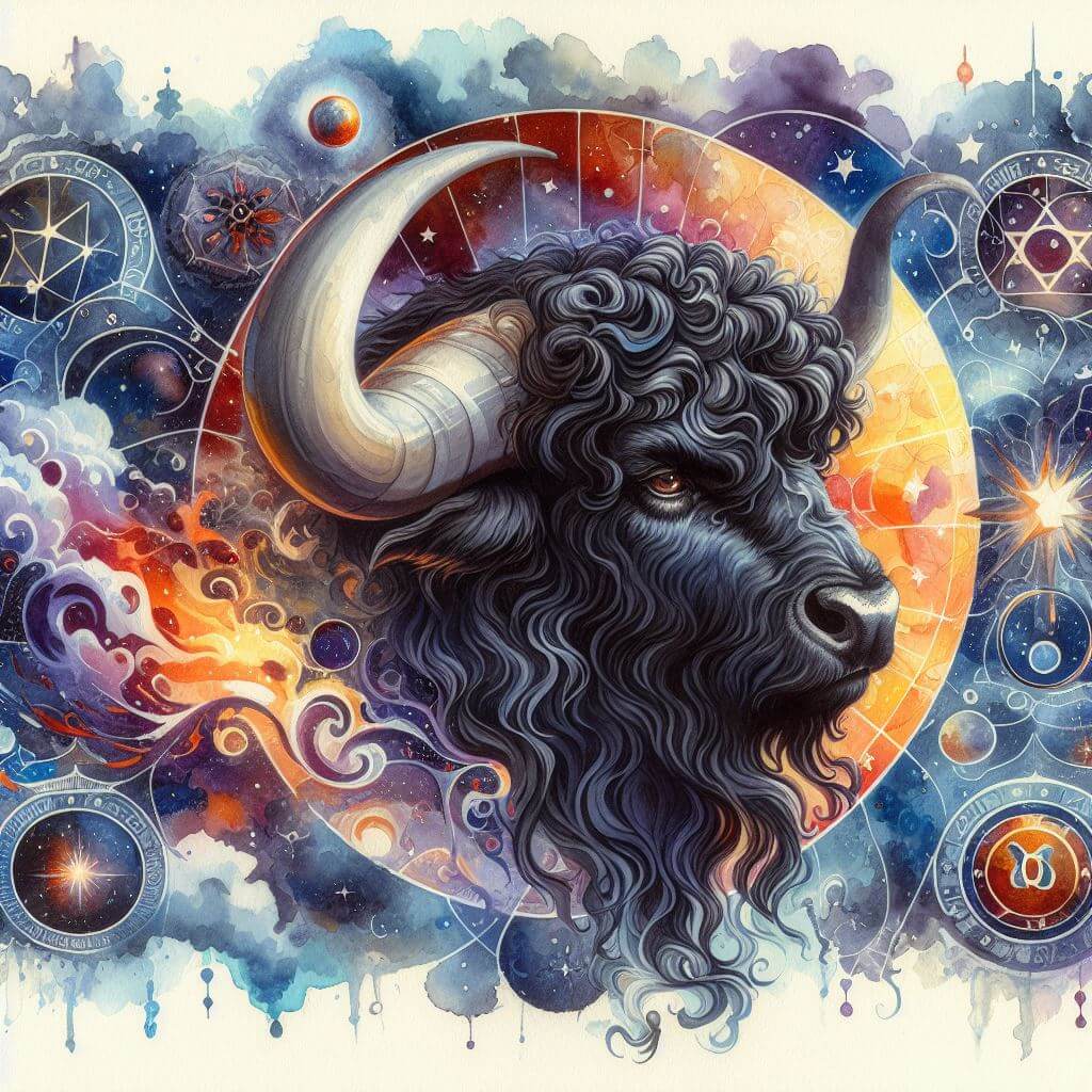 Watercolor painting of Taurus, the bull, depicting the head of a black bull with long fur amidst stars, planets, and symbols.