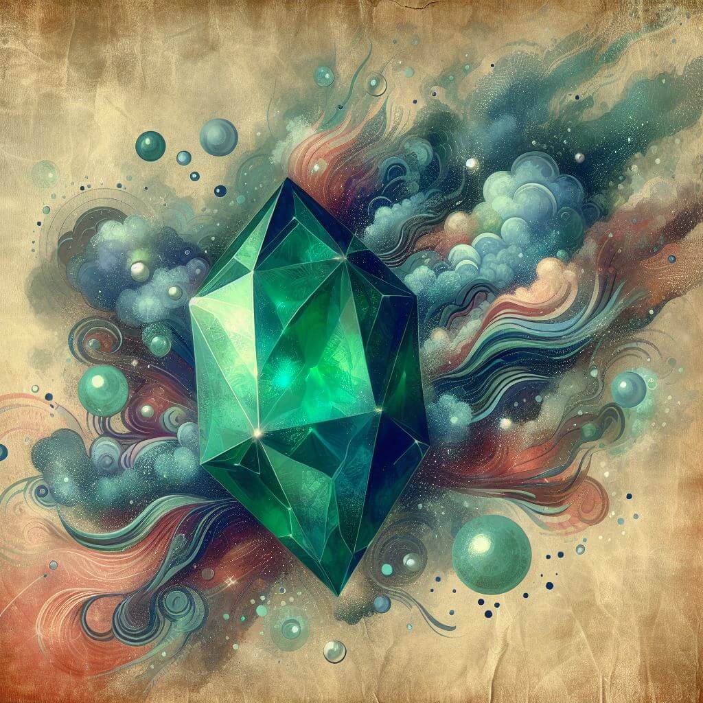 Artwork of an emerald with a background of green and blue smoke, and clouds.