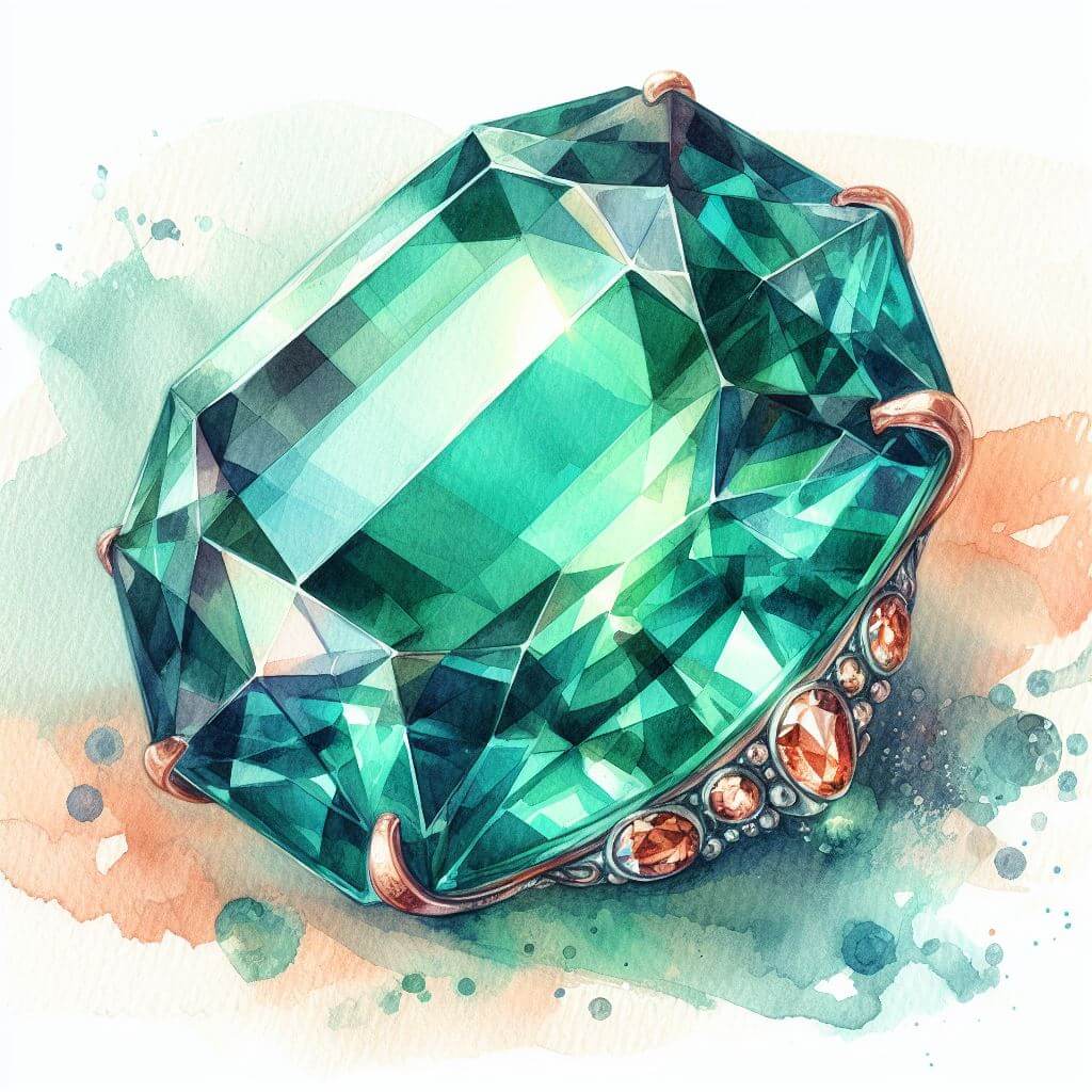 Watercolor painting of a cut emerald, the Taurus birthstone, set in place by prongs.