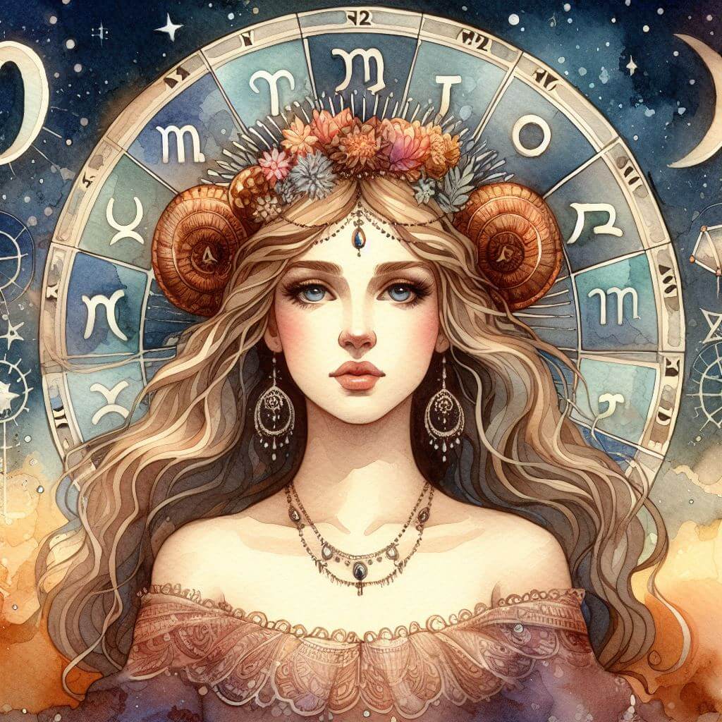Watercolor painting of a woman with long blond hair, representing Virgo, with a cosmic zodiac wheel background.