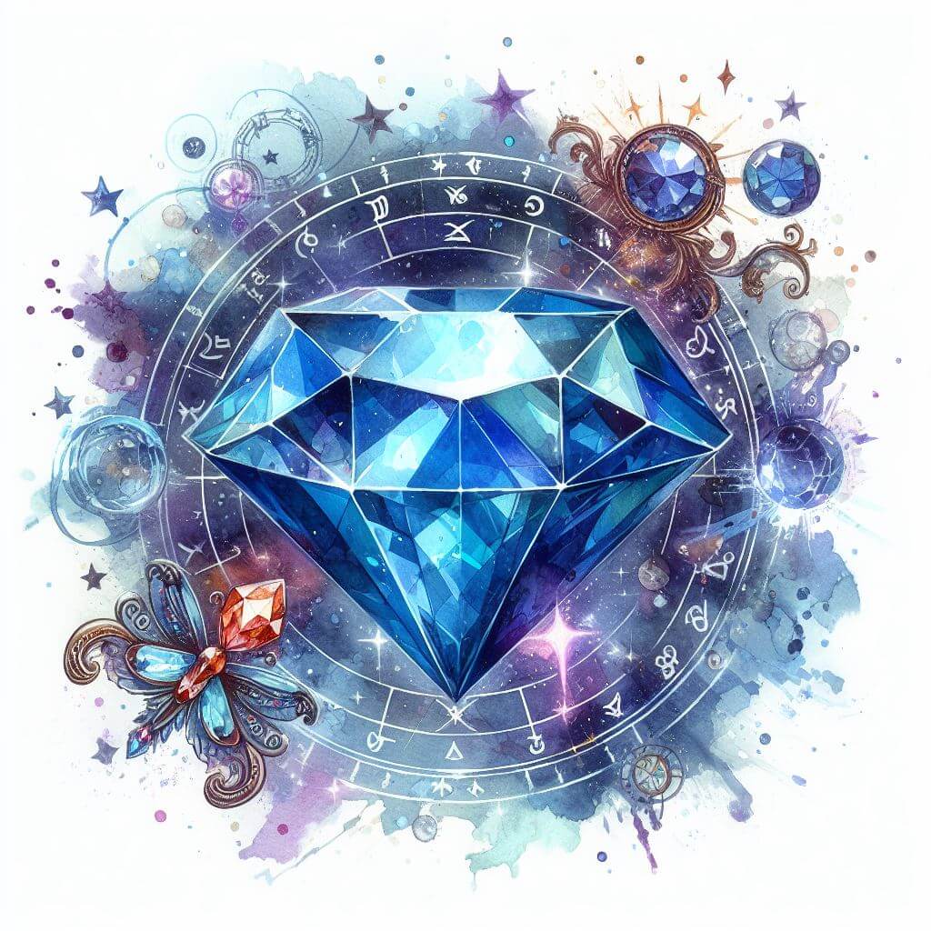 Watercolor painting of a sapphire in the center of a zodiac circle surrounded by more gems, on a cosmic background.