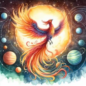 Watercolor painting of a Phoenix in front of a star, with planets all around.