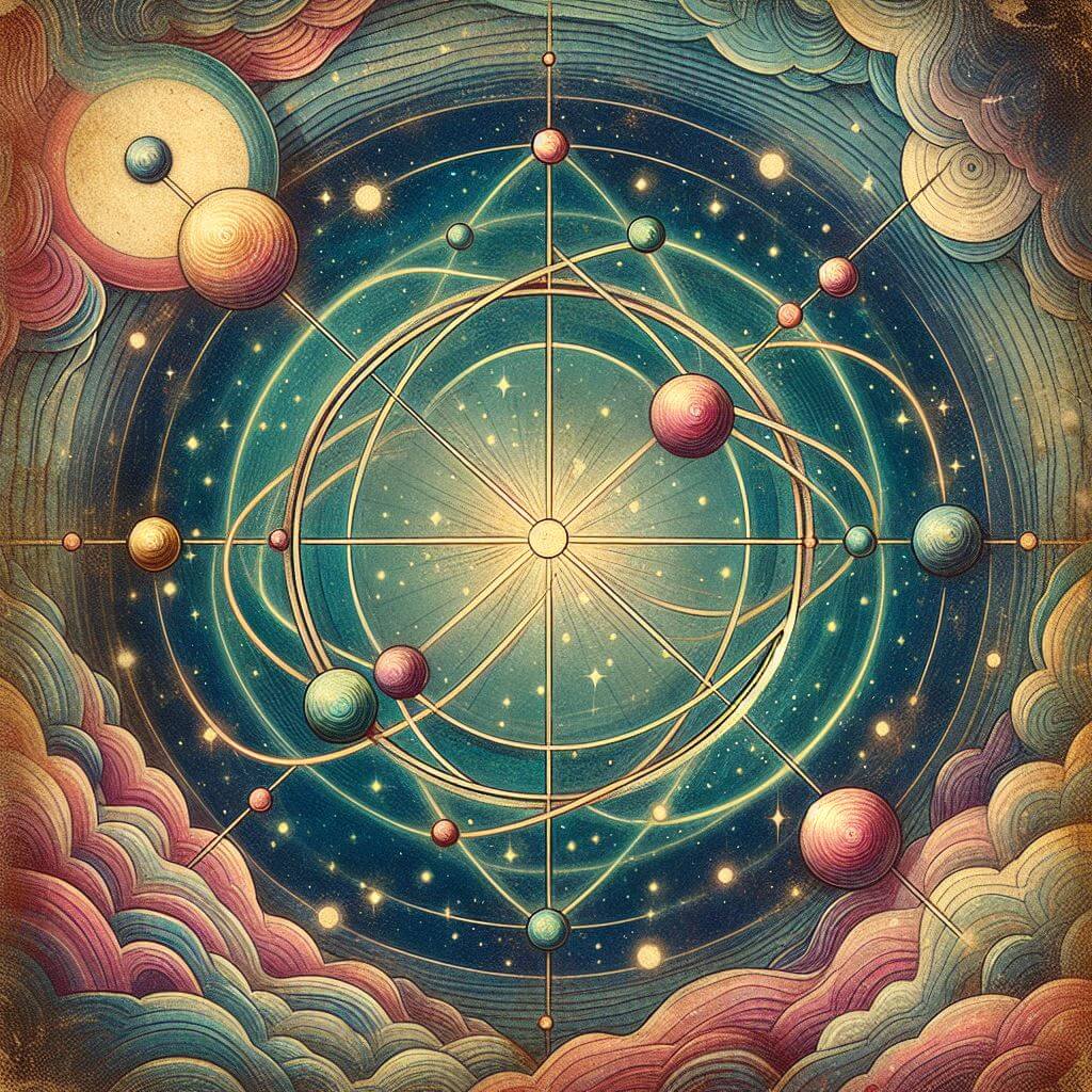 Colorful cosmic illustration with spheres, clouds, and a radiant center indicating angles, against a starry backdrop.