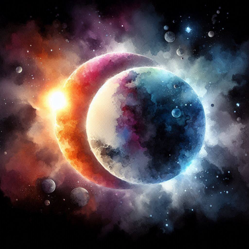 Colorful cosmic artwork featuring two planets, one covering the other, in a dark backdrop.